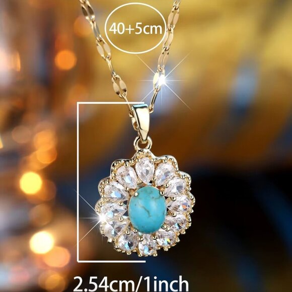 NEW 14k Gold Turquoise Blue Flower Diamond Necklace - Picture 5 of 5